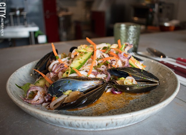 Calamari and mussel salad with spicy limoncello vinaigrette. - PHOTO BY JACOB WALSH