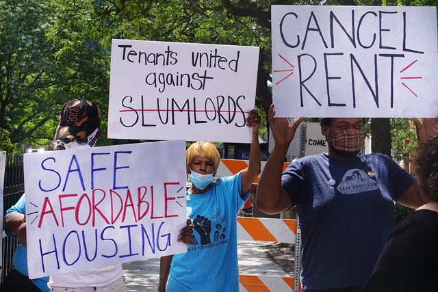 Protesters demanding rent relief outside the Kenneth B. Keating Federal Building on July 17. - PHOTO BY GINO FANELLI