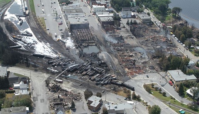 In 2013, an unattended train carrying crude oil derailed and exploded in the tiny Quebec town of Lac-Megantic. The resulting fire killed 47 people and consumed 30 buildings. - COURTESTY TRANSPORTATION SAFETY BOARD OF CANADA