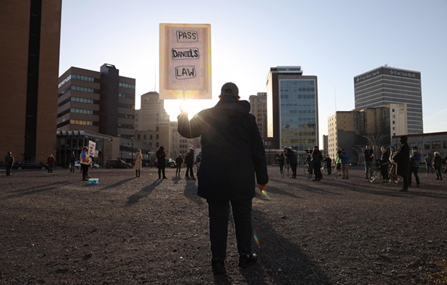 Black Lives Matter activists gathered at Parcel 5 and them marched through the streets of Rochester Tuesday, March 23, as they marked the one-year anniversary of Daniel Prude's fatal encounter with city police. - PHOTO BY MAX SCHULTE
