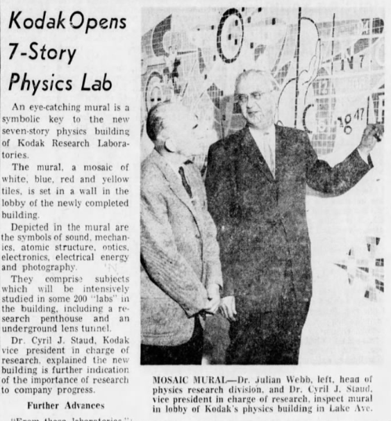 The Democrat and Chronicle's coverage of the opening of the Kodak research building on May 19, 1961, reference the mosaic and showed two research executives standing in front of it.