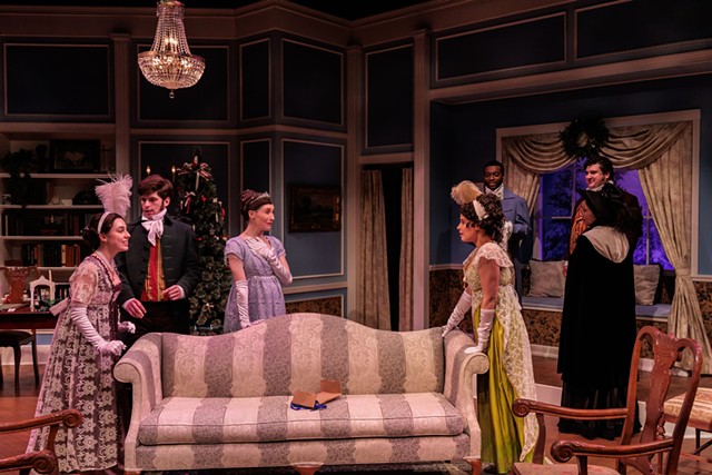 Jess Ruby, Philip Detrick, Kit Prelewitz, Fiona Criddle, Devon Lemont, Sammi Cohen (foreground), and Carl Del Buono (background) in "Miss Bennet: Christmas at Pemberley" at Blackfriars Theatre. - PHOTO BY RON HEERKENS JR./GOAT FACTORY MEDIA