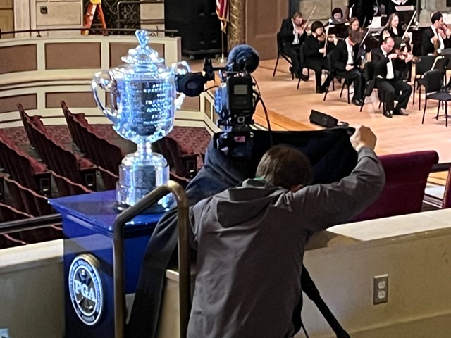 CBS Sports shoots a promotional teaser video for the 2023 PGA Championship featuring the Rochester Philharmonic Orchestra at Kodak Hall. - PHOTO BY MIKE CIDONI