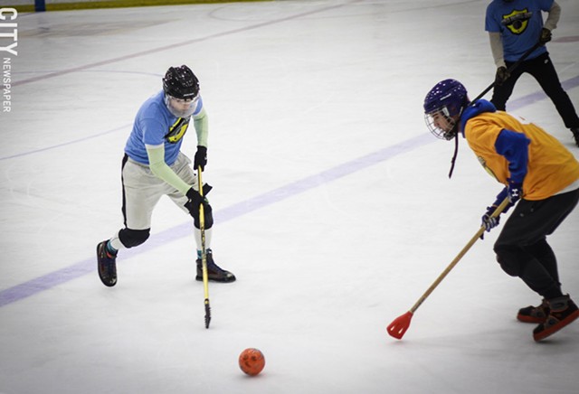 Broomball is like a cross between hockey (minus the skates) and soccer. - PHOTO BY KEVIN FULLER