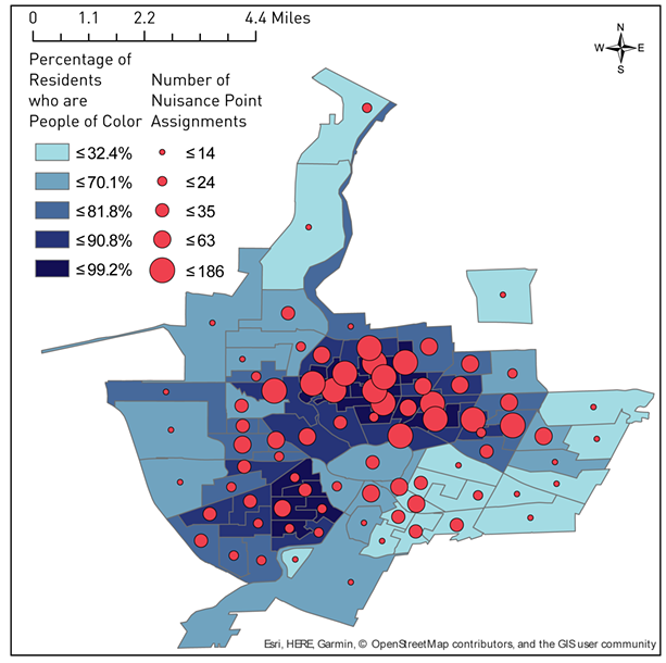 This map of Rochester shows census tracts by percentage of residents that are people of color and the number of nuisance point assignments in those areas. - GRAPHIC PROVIDED BY NYCLU