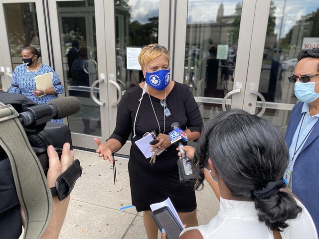 Rochester Superintendent Lesli Myers-Small speaks to reporters outside the School of the Arts on Thursday, July 30, 2020.