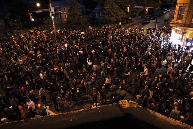 Hundreds of demonstrators gathered Sunday night at the Jefferson Avenue intersection where Daniel Prude was arrested and suffocated. They marched to Rochester Police Department headquarters. Sept. 6, 2020.