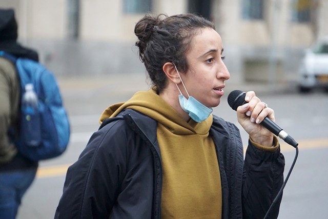 Iman Abid-Thompson, director of the Genesee Valley Chapter of the New York Civil Liberties Union, at a protest outside District Attorney Sandra Doorley's office on Thursday, Oct. 22, 2020